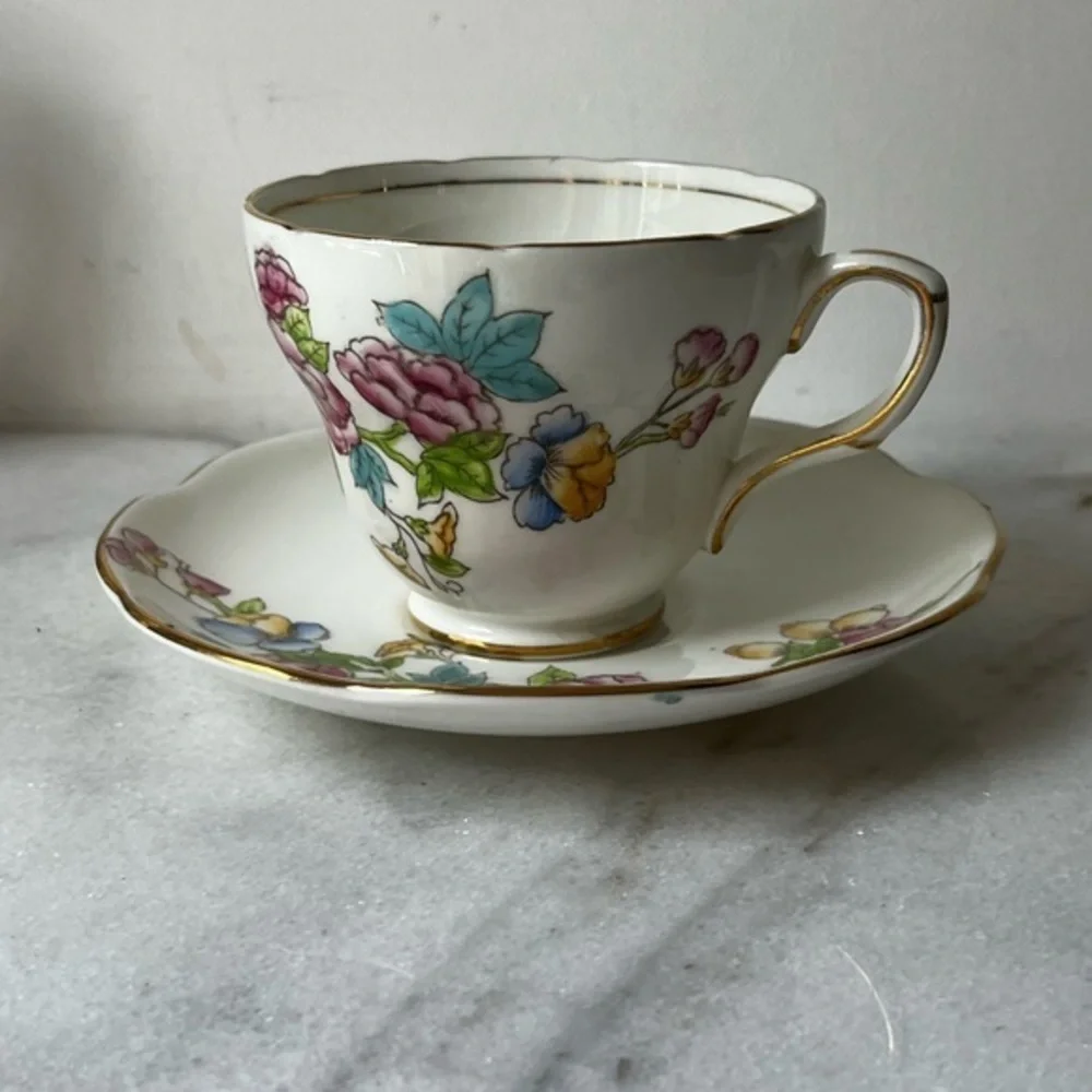 Floral Teacup and Saucer with Gold Trim
